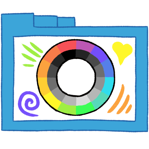 A hollow blue folder with thin lineart. Inside of it is the MOGAI circle, an O-shaped symbol with an outer ring of different colour blocks and an inner ring of different grayscale blocks. Around the circle are several doodles of lines, a heart, and a swirl, using colours from the circle's outer ring.